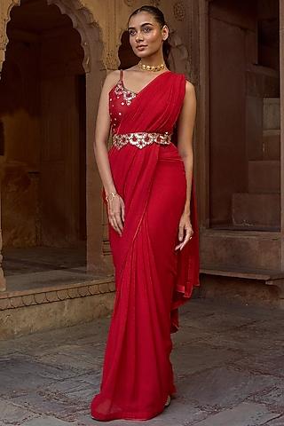 red silk & georgette pre-draped saree set