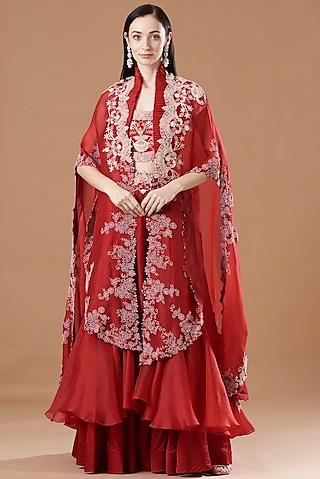 red silk & organza embroidered jacket lehenga set