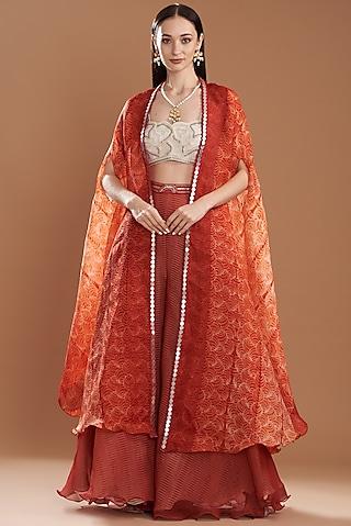 red silk & organza shibori printed cape set