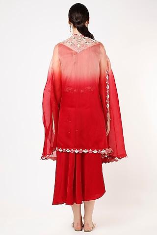 red silk anarkali with ombre cape
