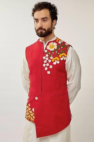 red silk applique embroidered bundi jacket
