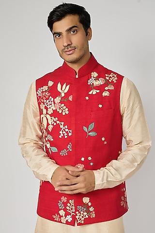 red silk applique embroidered bundi jacket