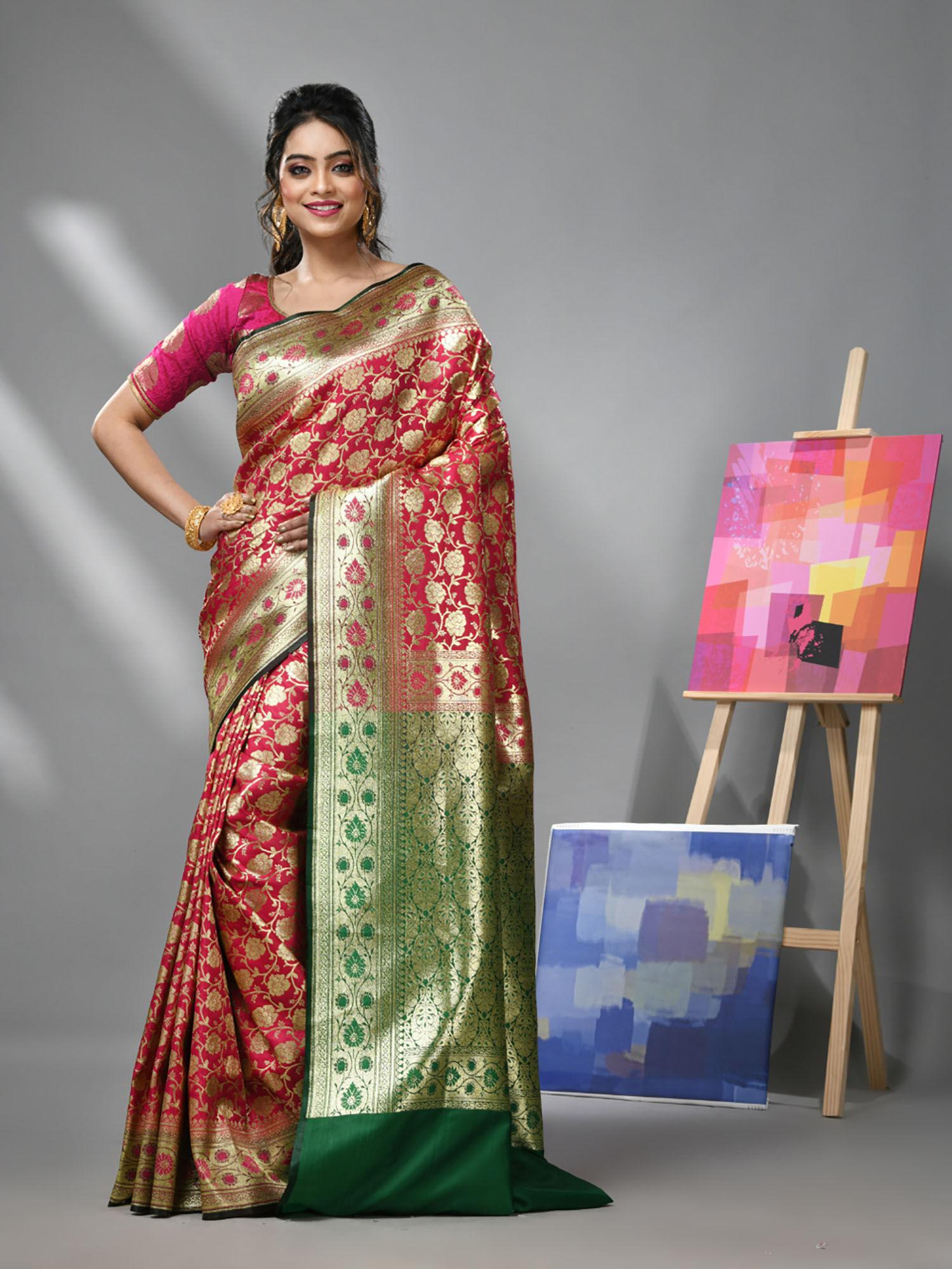 red silk banarasi saree with all over jacquard degins & unstitched blouse