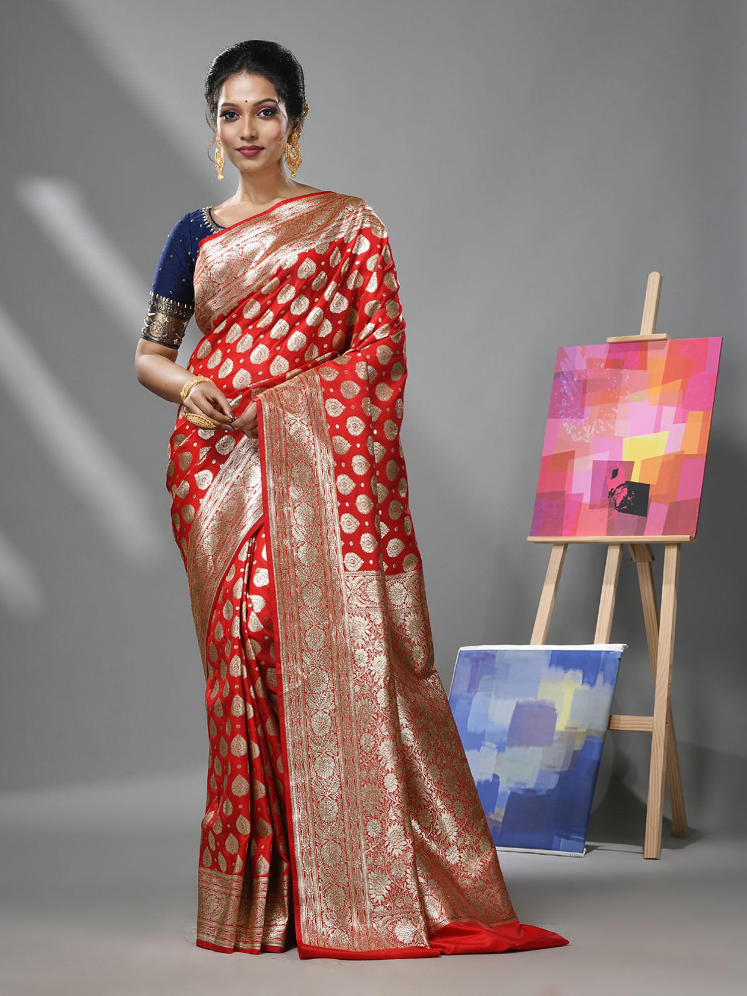 red silk banarasi saree with woven degins & unstitched blouse