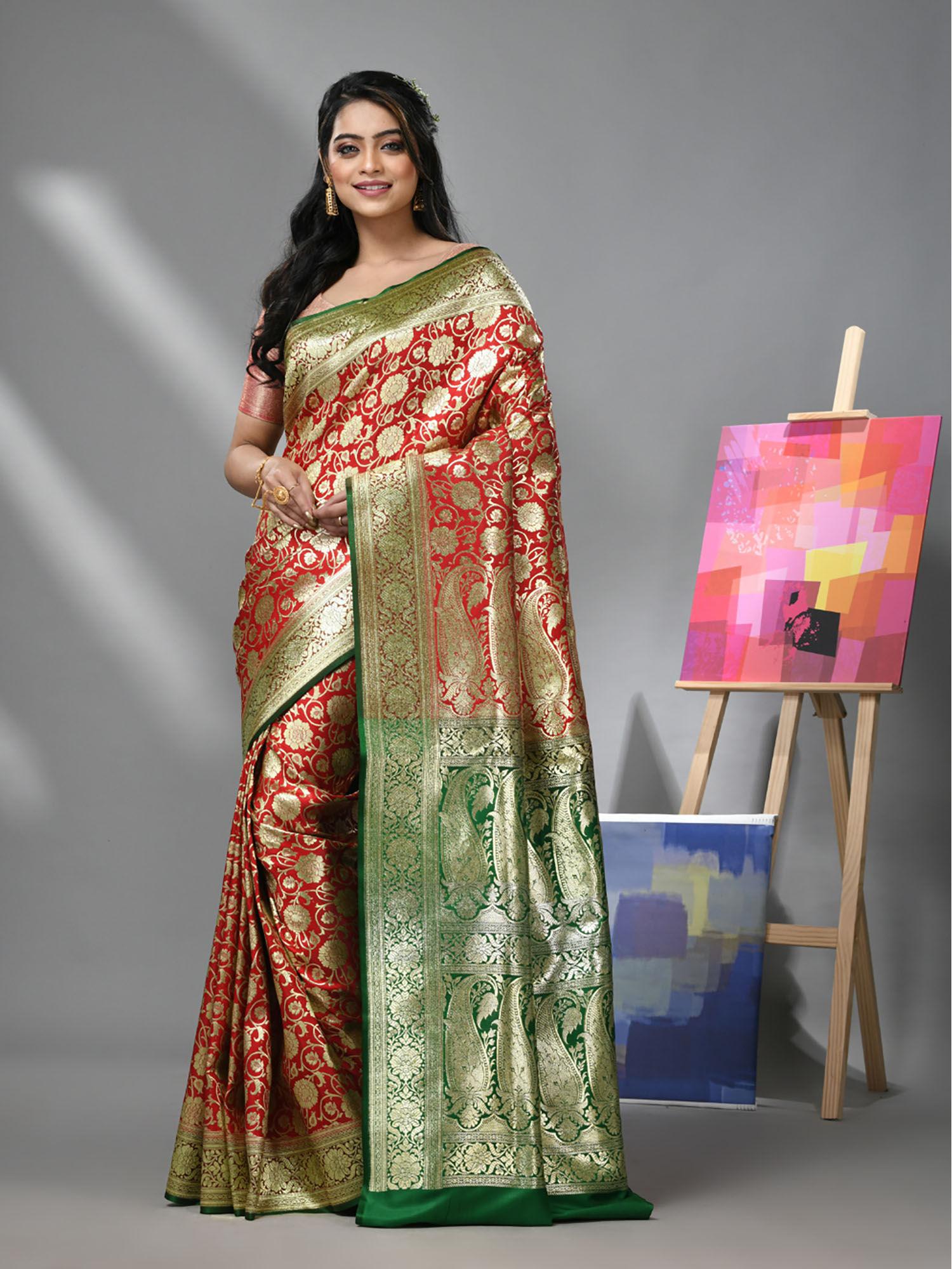 red silk banarasi saree with zari woven designs & unstitched blouse