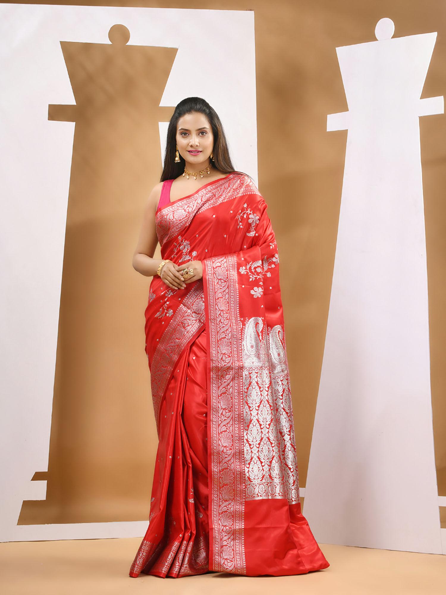 red silk banarasi zari saree with unstitched blouse