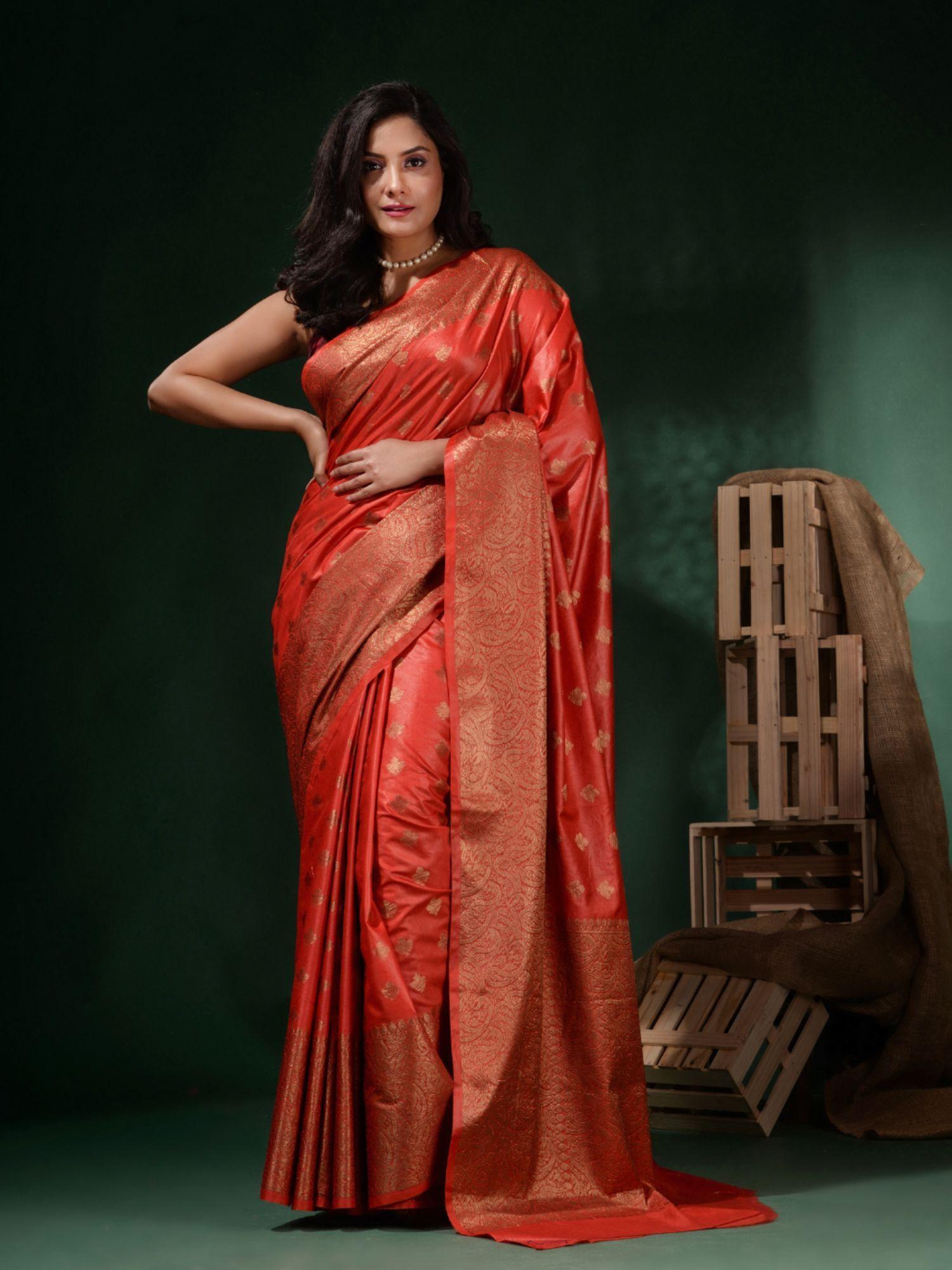 red silk blend handwoven soft ethnic motifs saree with unstitched blouse