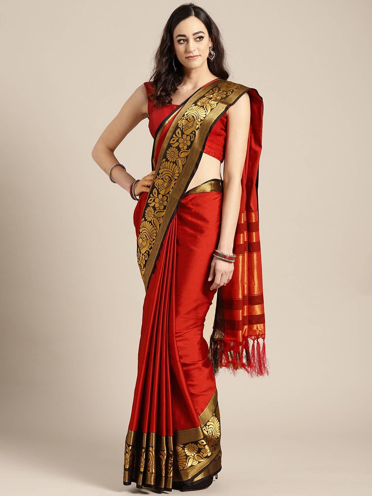 red silk blend saree with unstitched blouse