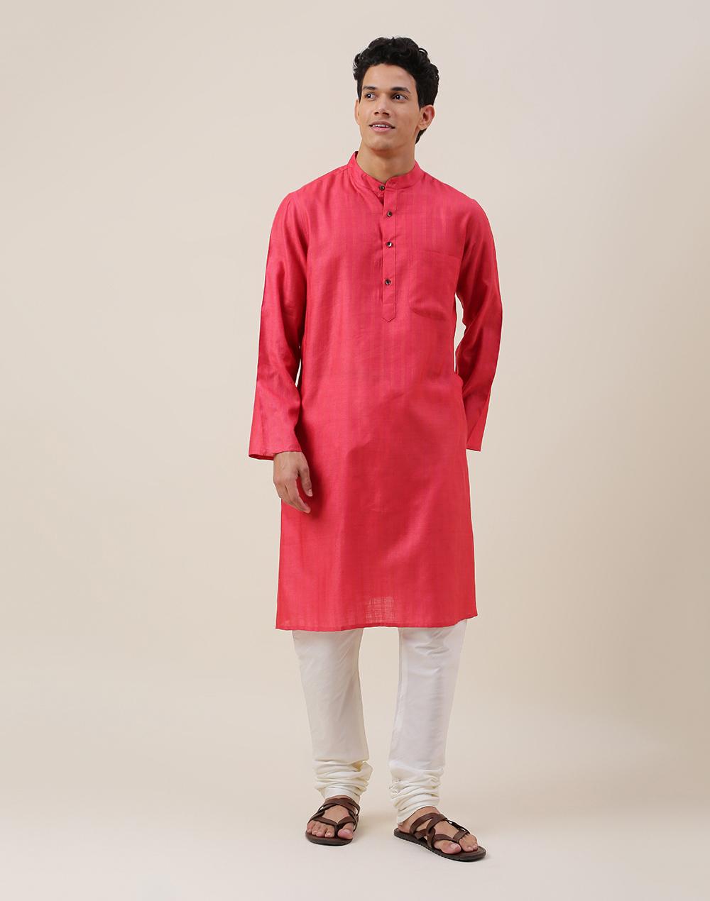 red silk blend striped long kurta