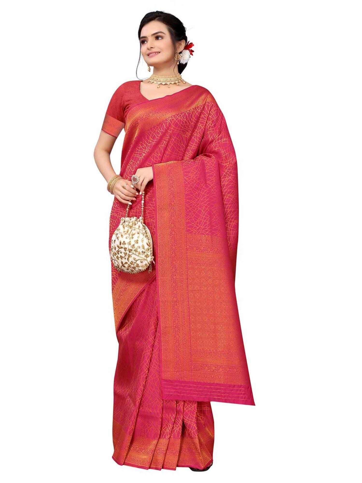 red silk blend woven saree with unstitched blouse
