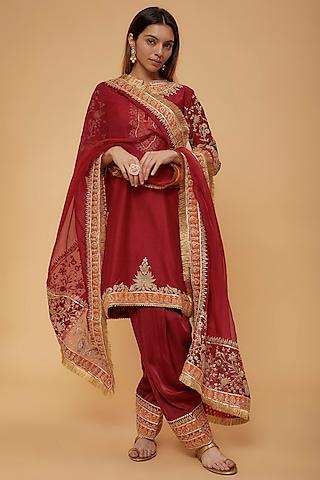 red silk chanderi & bemberg satin embroidered kurta set