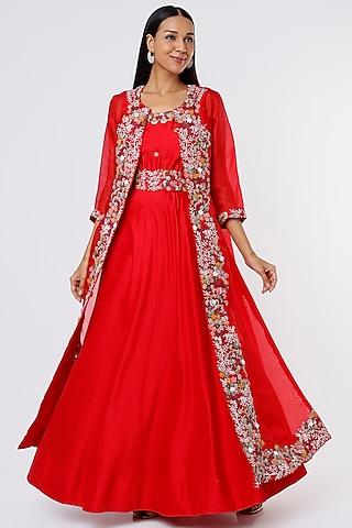 red silk chanderi anarkali set