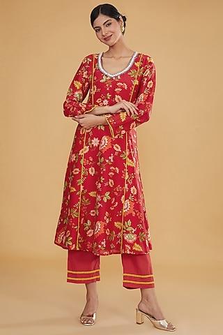 red silk chanderi digital printed & hand embroidered kurta set