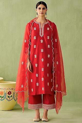 red silk chanderi dori embroidered kurta set
