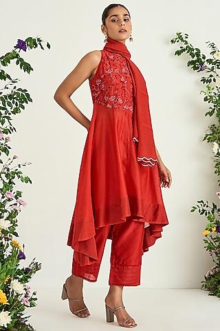 red silk chanderi embroidered kurta set