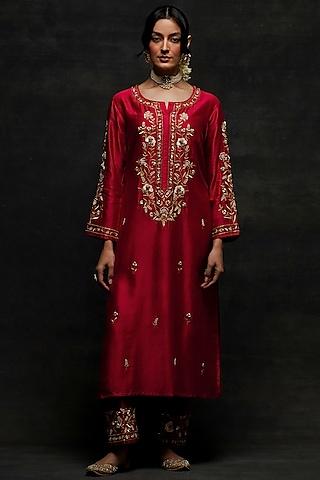 red silk chanderi floral embroidered kurta set