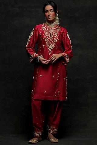 red silk chanderi floral embroidered short kurta set