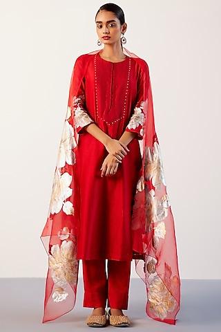 red silk chanderi floral hand-painted kurta set
