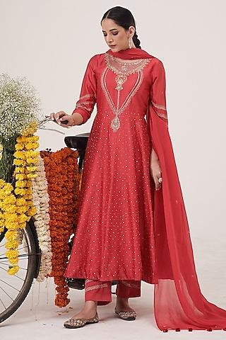 red silk chanderi hand embroidered anarkali set