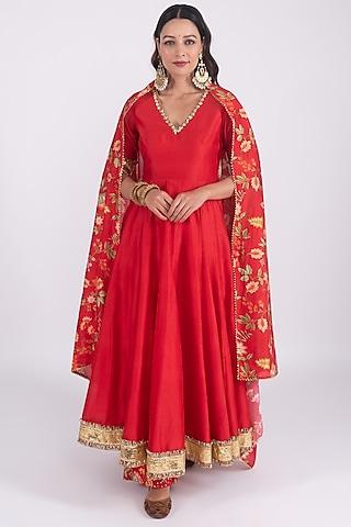 red silk chanderi hand embroidered anarkali set