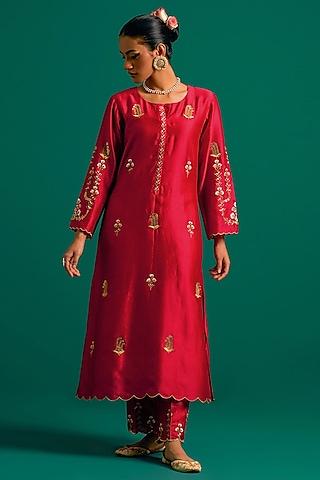 red silk chanderi hand embroidered kurta set