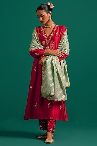 red silk chanderi hand embroidered kurta set