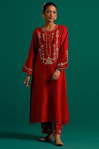 red silk chanderi hand embroidered kurta set