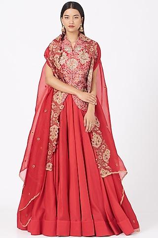 red silk chanderi lehenga set