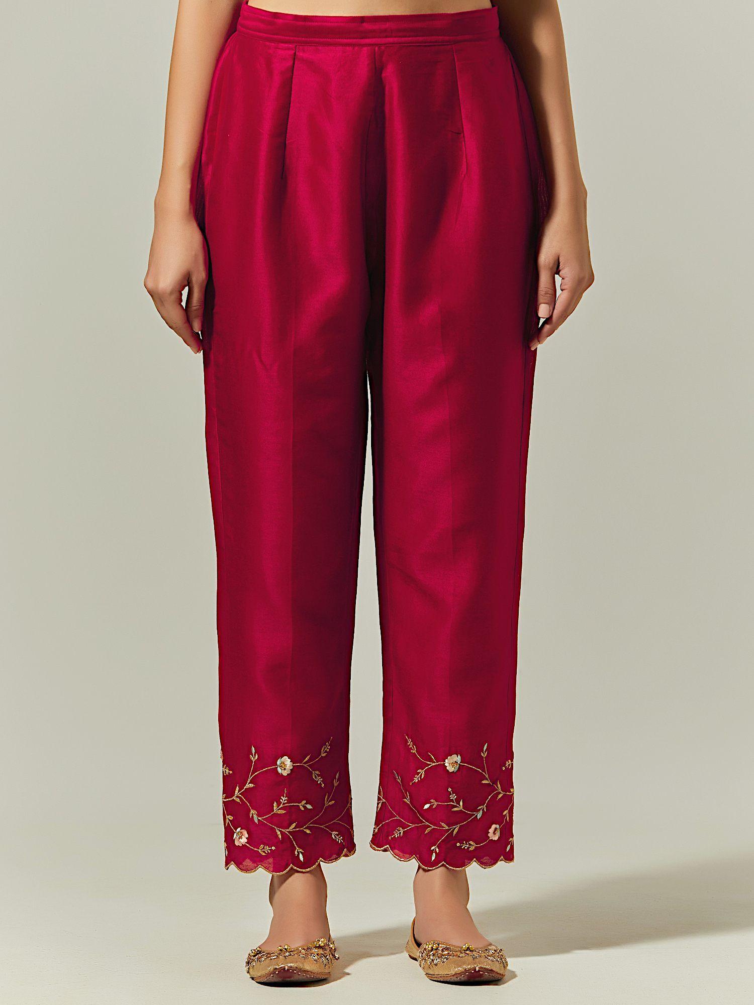 red silk chanderi palazzo with embroidered hem