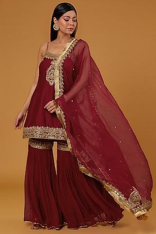 red silk chanderi sitara embroidered kurta set