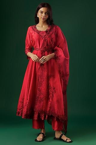 red silk chanderi thread embroidered anarkali set