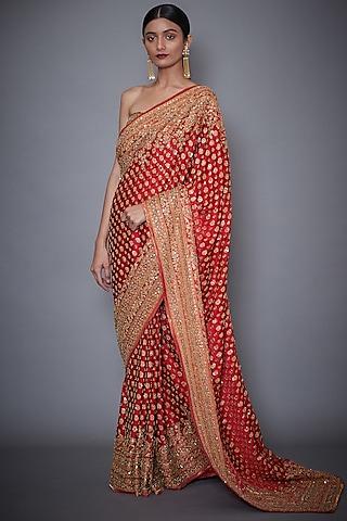 red silk chinon hand & machine embroidered saree set