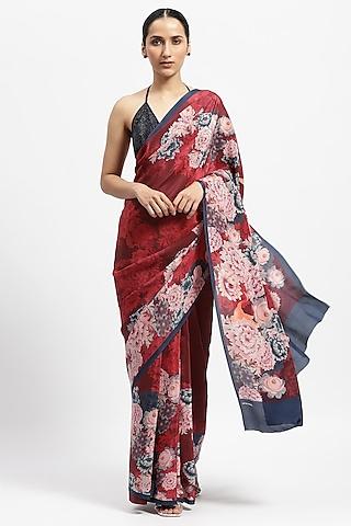 red silk crepe printed saree