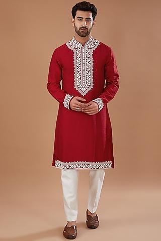 red silk cutdana embroidered kurta set