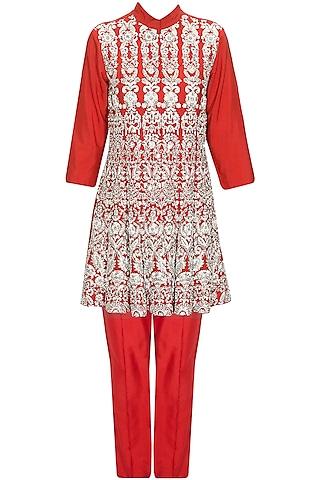 red silk dabka hand embroidered flared kurta set