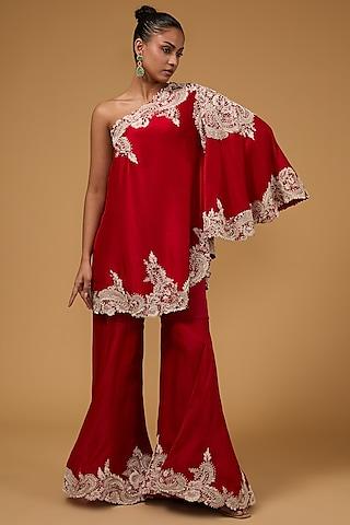 red silk dori work tunic set