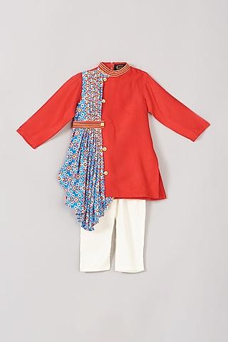 red silk draped kurta set for boys