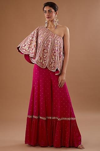 red silk dupion sequins embroidered one-shoulder cape set