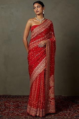 red silk embroidered & printed saree set