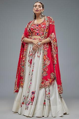 red silk embroidered butterfly cape set