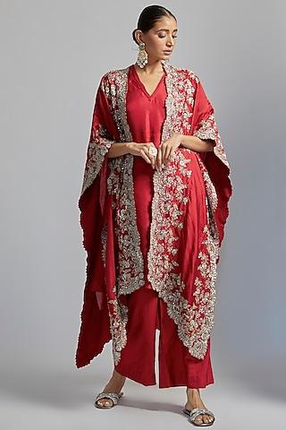 red silk embroidered cape set