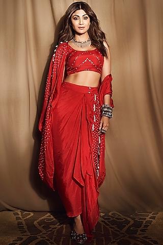 red silk embroidered cape set