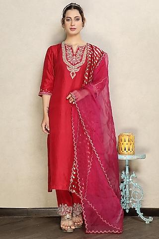 red silk embroidered kurta set