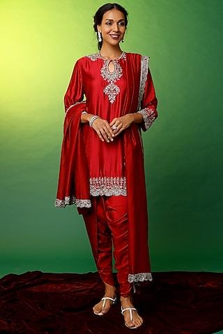 red silk embroidered kurta set