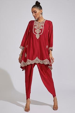 red silk embroidered kurta set