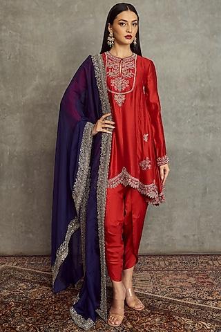 red silk embroidered kurta set