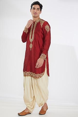 red silk embroidered kurta set