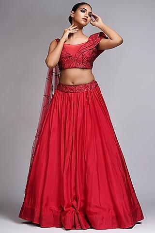 red silk embroidered lehenga set