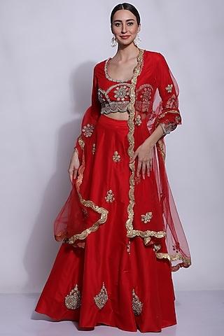 red silk embroidered lehenga set