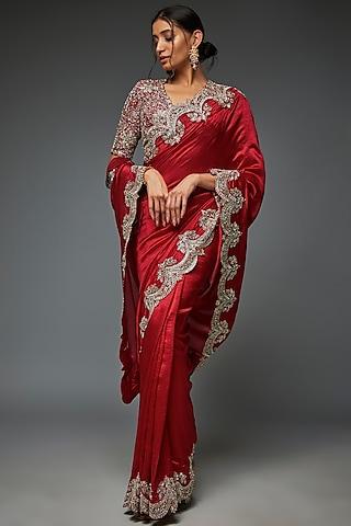 red silk embroidered saree set